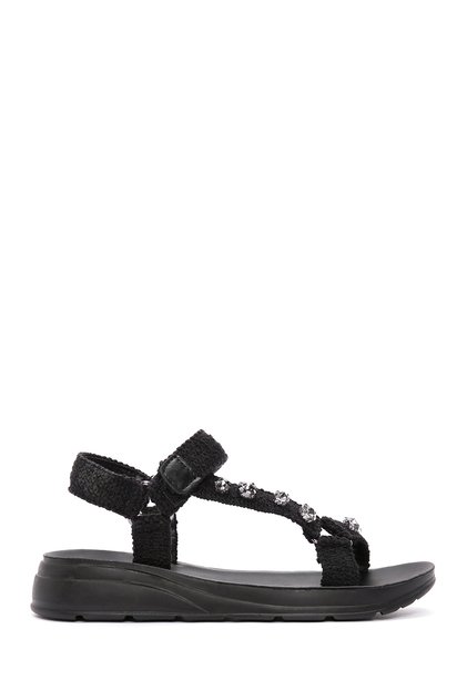 Black Stoned Women's Ankle Strap Sandals - 24SFE464714