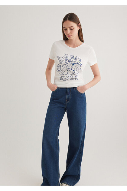 Mavi Kedi Baskılı Beyaz Tişört Slim Fit / Dar Kesim 1612206-70057