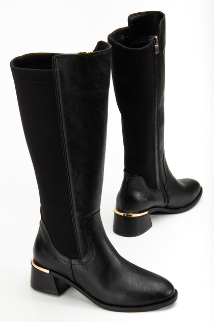 Women's Below-The-Knee Zippered Stretch Elastic Daily Boots Nora Black Skin