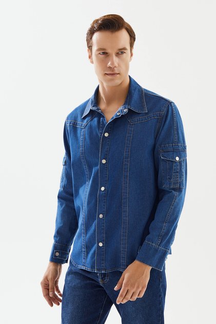 Erkek Koyu Mavi Kol Cepli Denim Gömlek