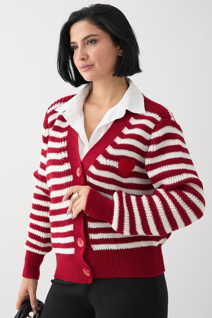 Red Knitwear Cardigan with Heart Stripe