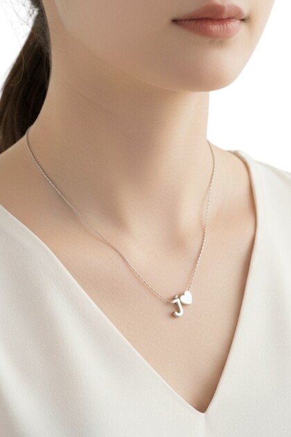 Steel Chain Letter J Necklace, Heart Detailed Silver Color Letter Necklace
