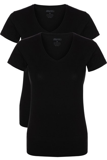 Women's Black 2-Piece Short Sleeve Single Jersey Lycra V-Neck Undershirt 3227