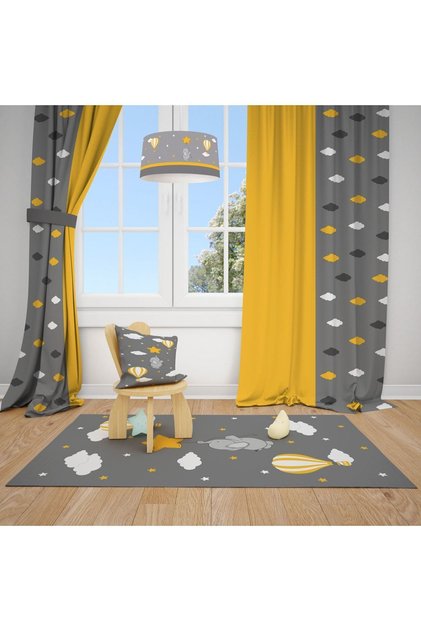 Elephant Holding a Gray Balloon Patterned Children's and Baby's Room Background Curtain 2 Wings Tla-298