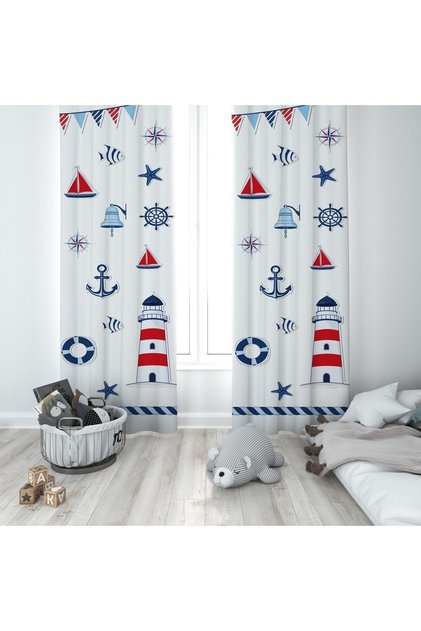 Mixed Sailor Patterned Children's and Baby's Room Background Curtain 2 Wings Tla-291