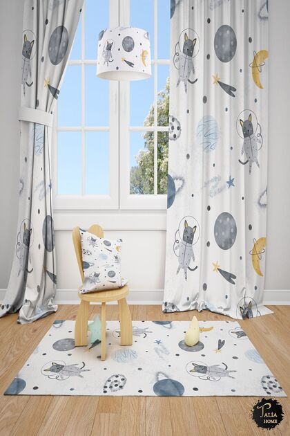 Astronaut Cat Space Patterned Children's and Baby's Room 2 Wings Background Curtain TLA-310