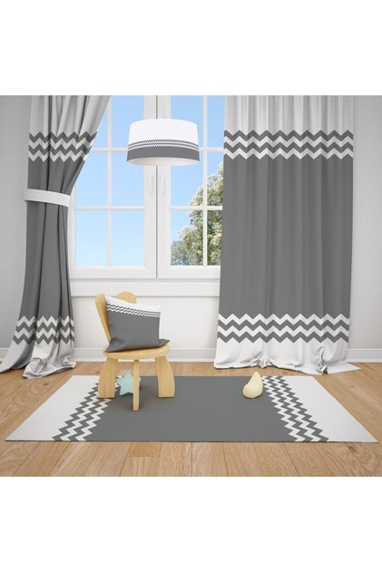 Gray White Stripe Patterned Children's and Baby's Room Background Curtain 2 Wings Tla-207