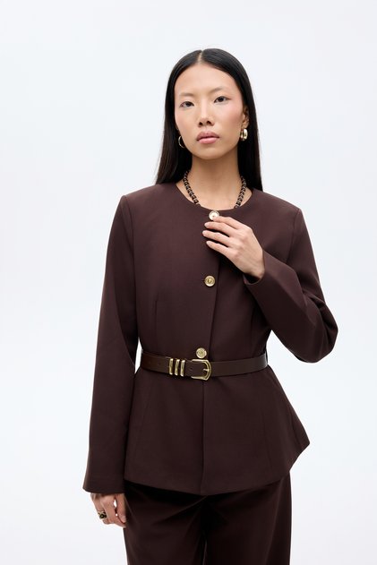 Round Neck Jacket with Belt Accessories Dark Brown