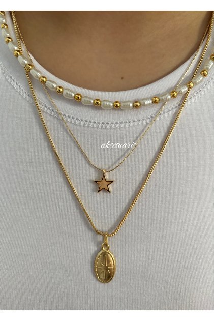 3'lü İncili Yıldız Kolye Kombin