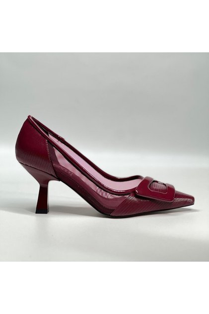 Heeled Women's Shoes Black/Burgundy Patent Leather - Mesh Detail - Accessory Strap Detail