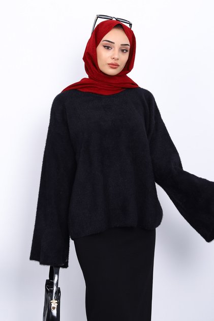 Black Crew Neck Oversize Angora Soft Knit Sweater