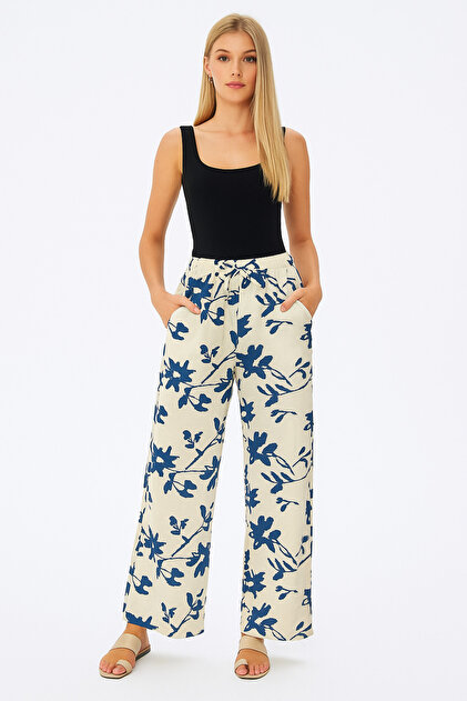 Women's Navy Blue Floral Belted Elastic Waist Double Pocket Comfortable Cut Palazzo Modal Trousers