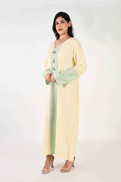 Ladies Jalabiya – Colorblock Design Butter Yellow & Grey with Tassel Detailing