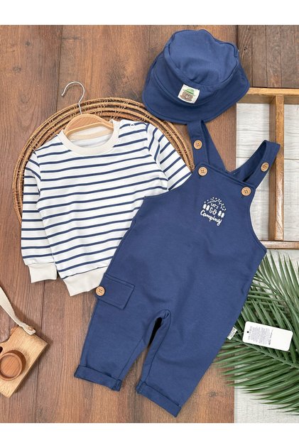 Embroidered Button Detailed Safari Hat Stripe Printed Sweatshirt Salopet Baby Boy Set