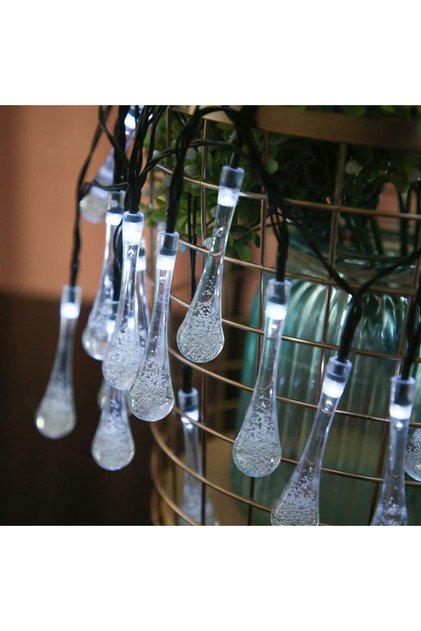Instalatie Solara 6 m, 28 Led-uri cu Ornament tip picatura de apa, Liniara, Fir negru, Alb Rece