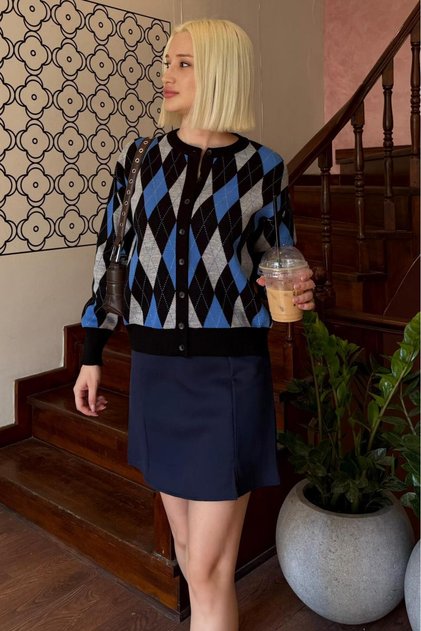 Black Diamond Patterned Crew Neck Women's Cardigan Mg2496