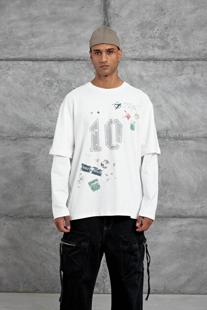 Men's Sweatshirt with Number Oversize Sleeves, White Oversize Printed Crew Neck