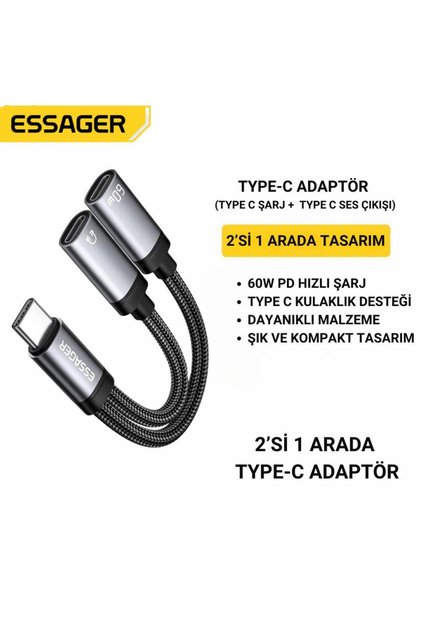 60W Şarj 2in1 Type-C to Type-C Dönüştürücü Çevirici Çoklayıcı Hızlı Şarj Type-C Kulaklık Çık