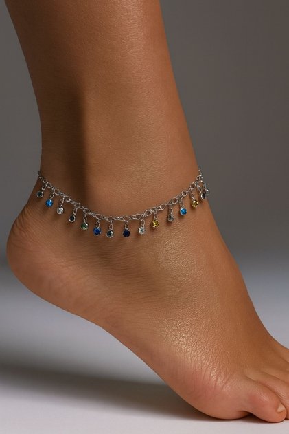 Women's Stone Dangle Anklet - Elegant Chain Anklet with Colorful Stone Detail (Silver Color)