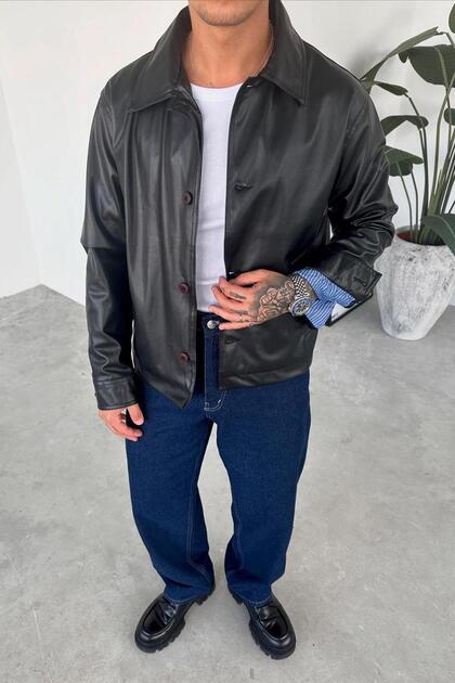 Black Button Detail Relaxed Leather Jacket