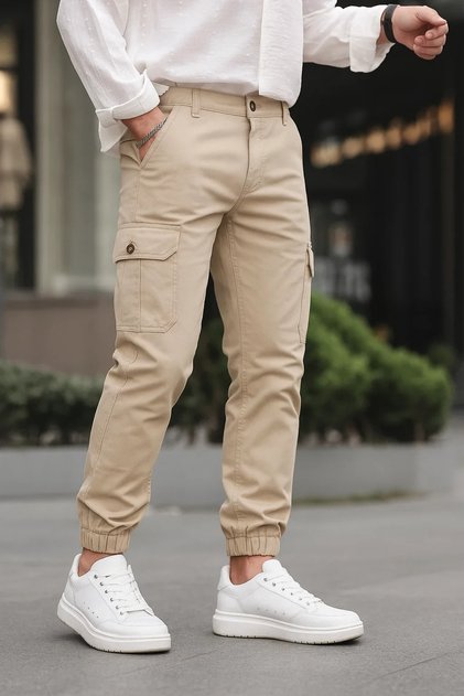 Men's Elastic Cuffed Cargo Pocket Cream Trousers