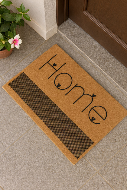 Textured Coir Door Mat - Heart Home Print, Non-Slip Base, 45x70 cm