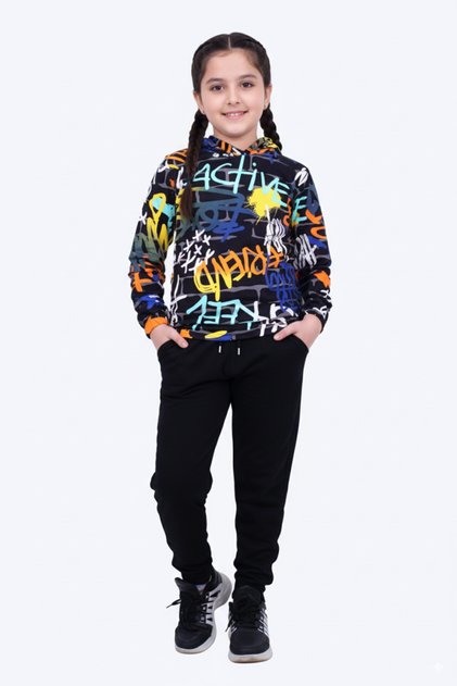 Hooded Patterned Girls' Bottom-Upper Tracksuit Set