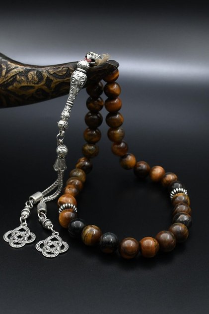 Natural Tiger's Eye Stone 33-Bead Rosary with Metal Tassel 10mm Sphere Cut 902239