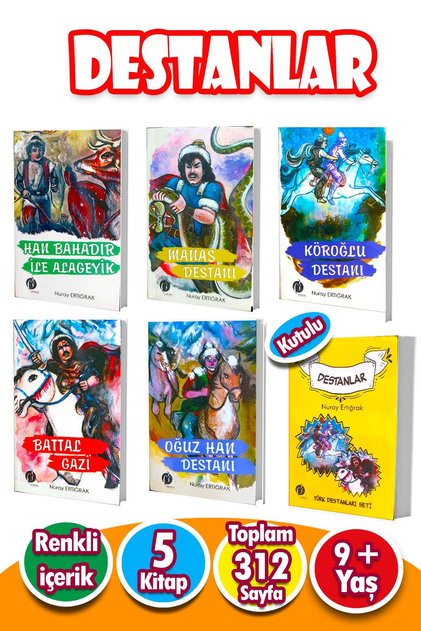 9-12 Yaş Türk Destanları Seti 5 Kitap Renkli Resimli Kutulu 312 Sayfa