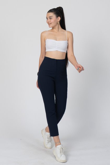 Women's Summer Black Trendy Model Pencil Detailed High Waist Fabric Trousers 30062