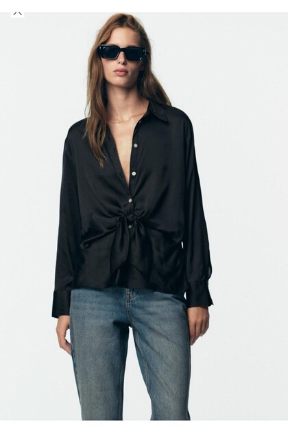 Woven Satin Long Sleeve Tie-Up Shirt