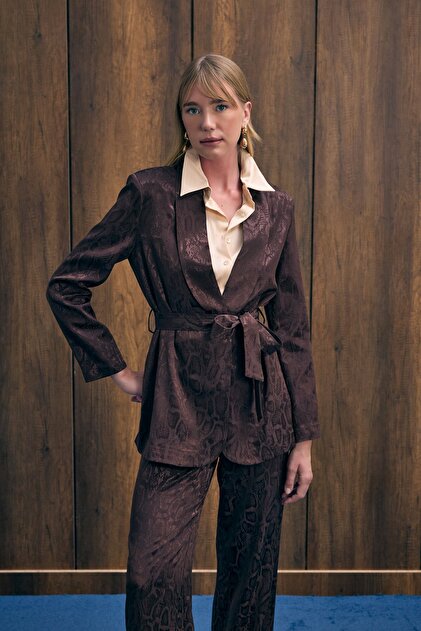 Snake Patterned Long Coat - Brown