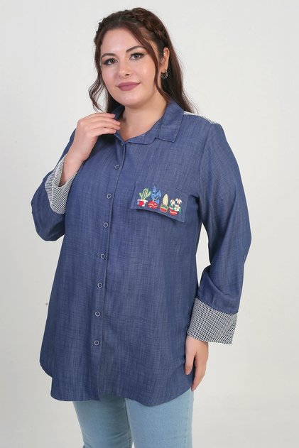 Women's Front Zipper Patterned Plus Size Denim Shirt