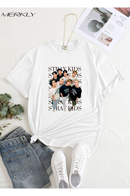barsdepo Stray Kids Baskılı Tişört, Oversize Unisex Beyaz Tişört