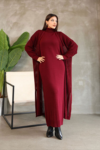 bacc Women's burgundy turtleneck long sleeve knit dress and long cardigan  hijab top and bottom knit set bces-252039- Trendyol