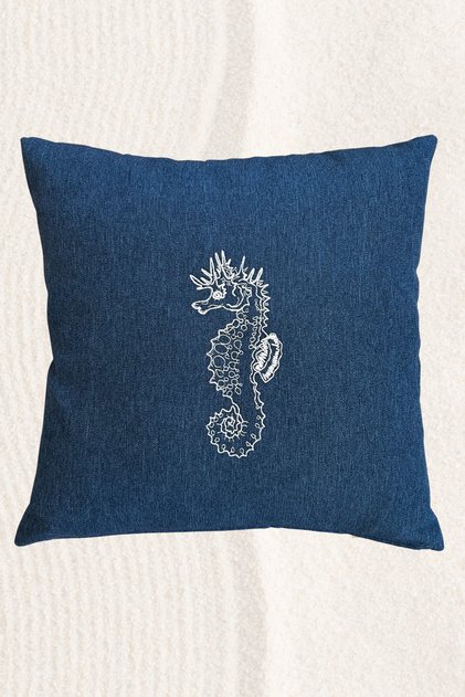 Sea-Themed Seahorse Patterned Throw Pillow Cover – Navy Blue Throw Pillow Cover – Embroidered Throw Pillow Cover