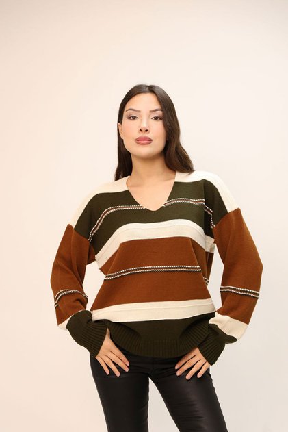 Women's Cinnamon Brown V-Neck Color Block Knit Sweater