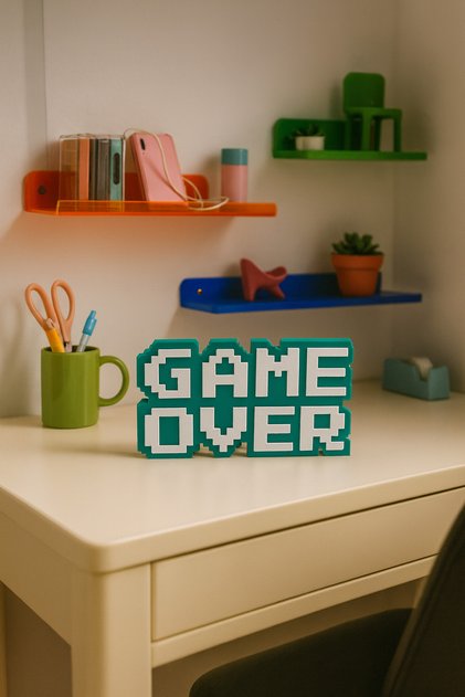 Retro Game Over Kabartmalı Dekoratif Obje - Turkuaz | Masaüstü ve Duvar Süsü | Hediye