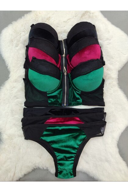 Women's Front Zippered Velvet Fabric Soft Padded Bra Set, Set of 3