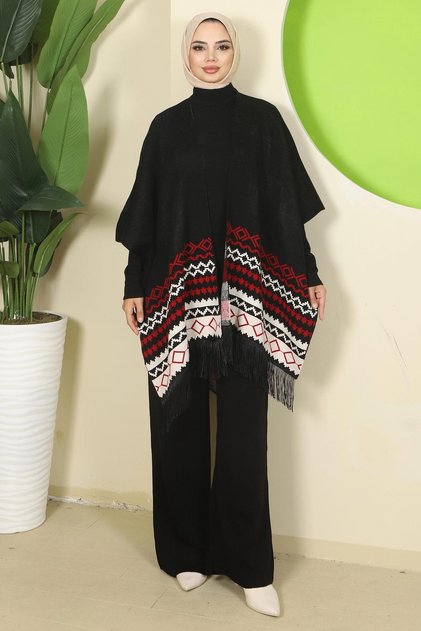 Kilim Pattern Poncho Triple Knitwear Set Black Hm2816