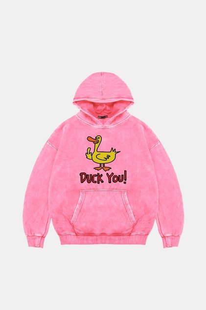 Duck You Printed Oversize Unisex Premium Washable Pink Hoodie