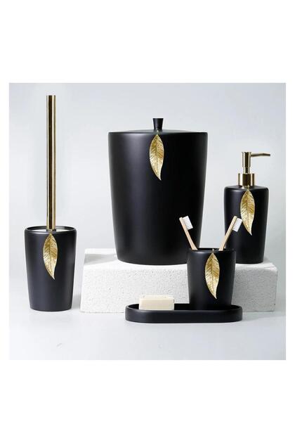 Selim Dekor Leaf Bathroom Set Black-Gold