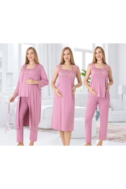 Lace-Detailed Elegant Robe, Nightgown, and Pajama 4-Piece Nursing and Maternity Set