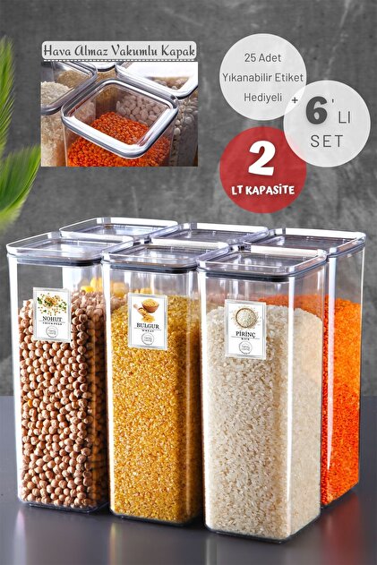 6'lı Set Etiketli, Silikon Contalı Kare Erzak Saklama Kabı Seti 2 Lt Şeffaf