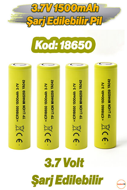 Badem10 4 Adet 18650 Fıstık Yeşil Şarjlı Batarya Pil 3.6V 1500mAh