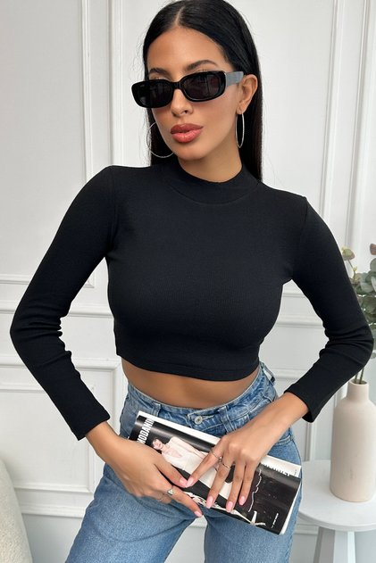 Women's Black Fisherman Crop Ribbed Knitted Blouse