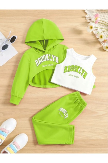 Children's Hooded Phosphor Green 3-Piece White Strap Crop Tracksuit Set
