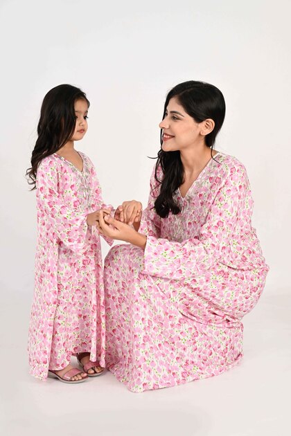 Kids Jalabiya – White Base with Pink Florals and Embroidered Neckline