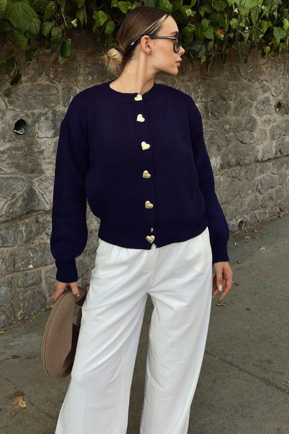 Navy Blue Heart Gold Heart Buttoned Women's Knitwear Cardigan