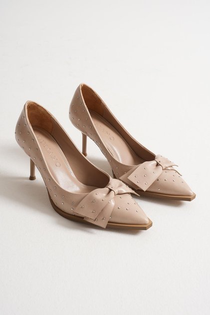 Mirabel Women's Beige Metal Accessory Bow Pointed Toe Thin Heeled Shoes Stiletto (7 cm)